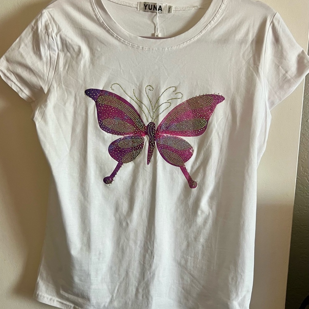 White and Pink Butterfly Tee Short Sleeve Kids Large or Women’s small